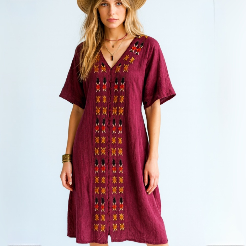 NWT Rolee Burgundy Linen Blend Embroidered Button Down Boho Lined Dress Size XL